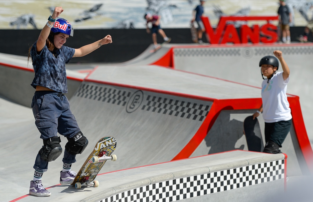 (Francisco Kjolseth  |  The Salt Lake Tribune)  Yndiara Asp, left, and Mami Tezuka get into the spirit of the music playing as they join skate legend Tony Hawk and other pro skaters  for a community skate and first look of the new Vans - Utah Sports Commission Skatepark at the Utah State Fairpark on Tuesday, Sept. 3, 2019.