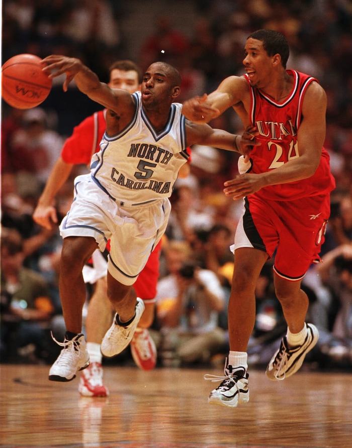 (Steve Griffin  |  Tribune file photo)  North Carolina's Ed Cota (5) and Utah's Andre Miller in action at the 1998 Final Four game against University of North Carolina, which took place at the Almodome in San Antonio, Texas.