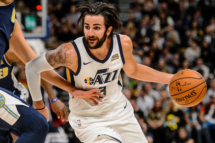 (Trent Nelson | The Salt Lake Tribune)  Utah Jazz guard Ricky Rubio (3) defended by Denver Nuggets center Nikola Jokic (15) as the Utah Jazz host the Denver Nuggets, NBA basketball in Salt Lake City, Wednesday October 18, 2017.