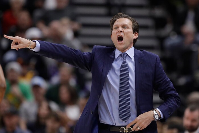 Utah Jazz head coach Quin Snyder shouts to his team in the first half of an NBA basketball game against the Indiana Pacers Monday, Jan. 20, 2020, in Salt Lake City. (AP Photo/Rick Bowmer)