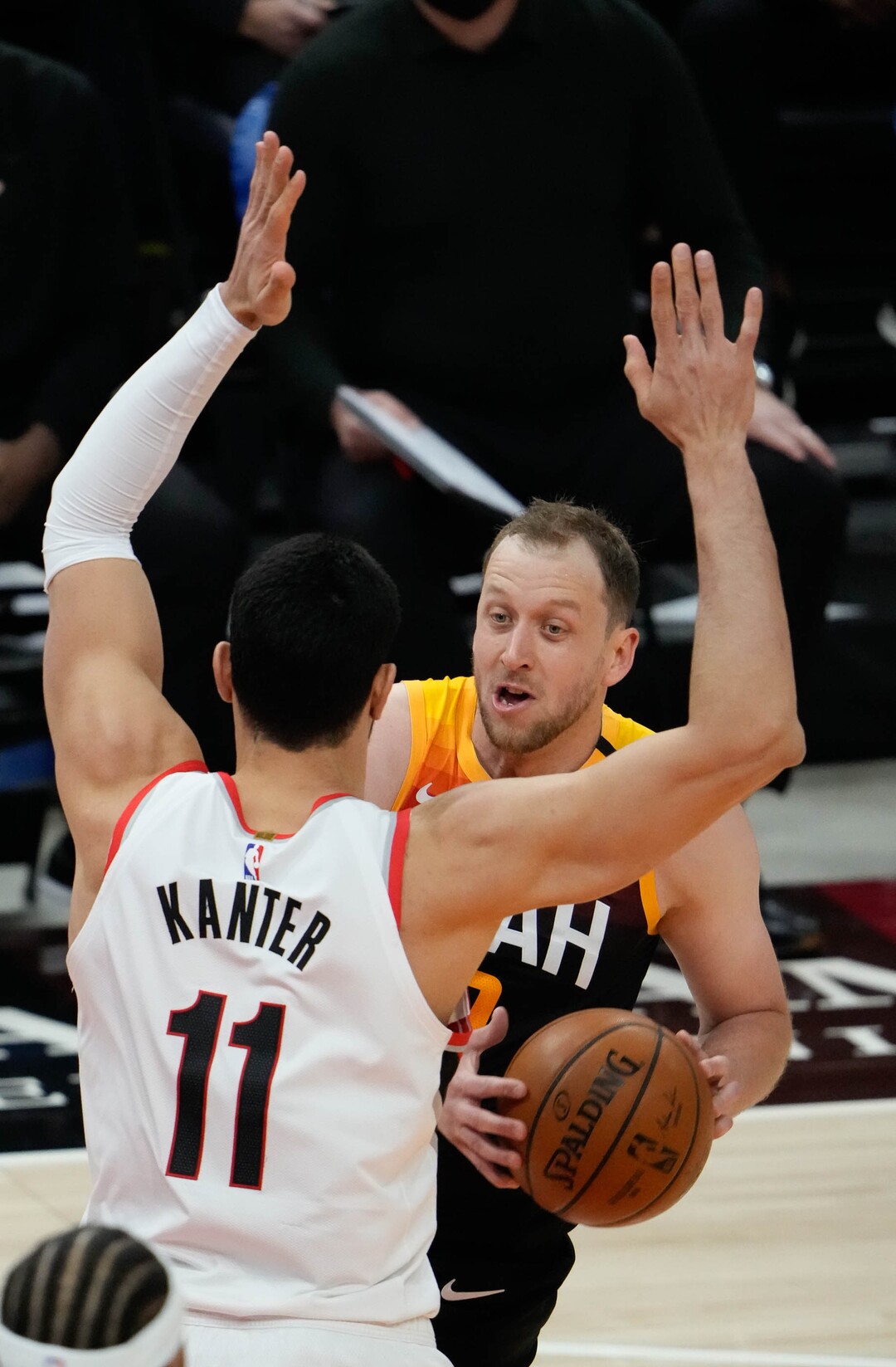 (Francisco Kjolseth | The Salt Lake Tribune) Utah Jazz guard Joe Ingles (2) faces Portland Trail Blazers center Enes Kanter (11) in NBA action between the Utah Jazz and the Portland Trail Blazers, at Vivint Smart Home Arena, on Wednesday, May 12, 2021.