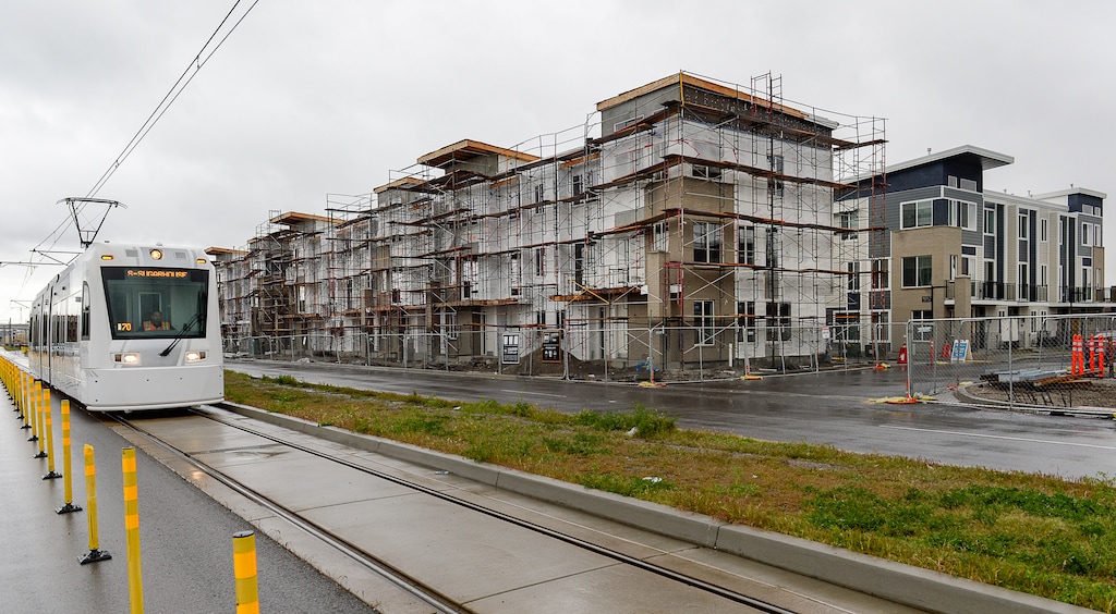 (Francisco Kjolseth | The Salt Lake Tribune) Liberty Crossing takes shape along the S-Line between Main and State streets as new Census data says Utah led the nation in housing unit growth last year as construction booms around Salt Lake City as seen in late May 2019.