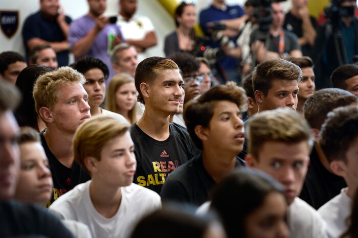 (Scott Sommerdorf | The Salt Lake Tribune)
Students at RSL Academy listen as RSL owner Dell Loy Hansen addresses them on the new Academy's opening week., Thursday, August 23, 2017.
