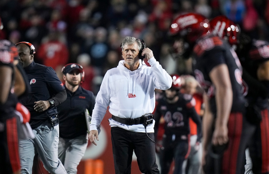(Bethany Baker | The Salt Lake Tribune) Utah Utes head coach Kyle Whittingham watches a play against the Iowa State Cyclones during the game at Rice-Eccles Stadium in Salt Lake City on Saturday, Nov. 23, 2024.