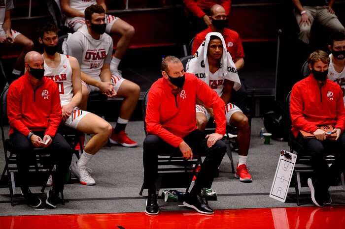 (Trent Nelson | The Salt Lake Tribune) Utah coach Larry Krystkowiak as Utah hosts Washington, NCAA basketball in Salt Lake City on Thursday, Dec. 3, 2020.