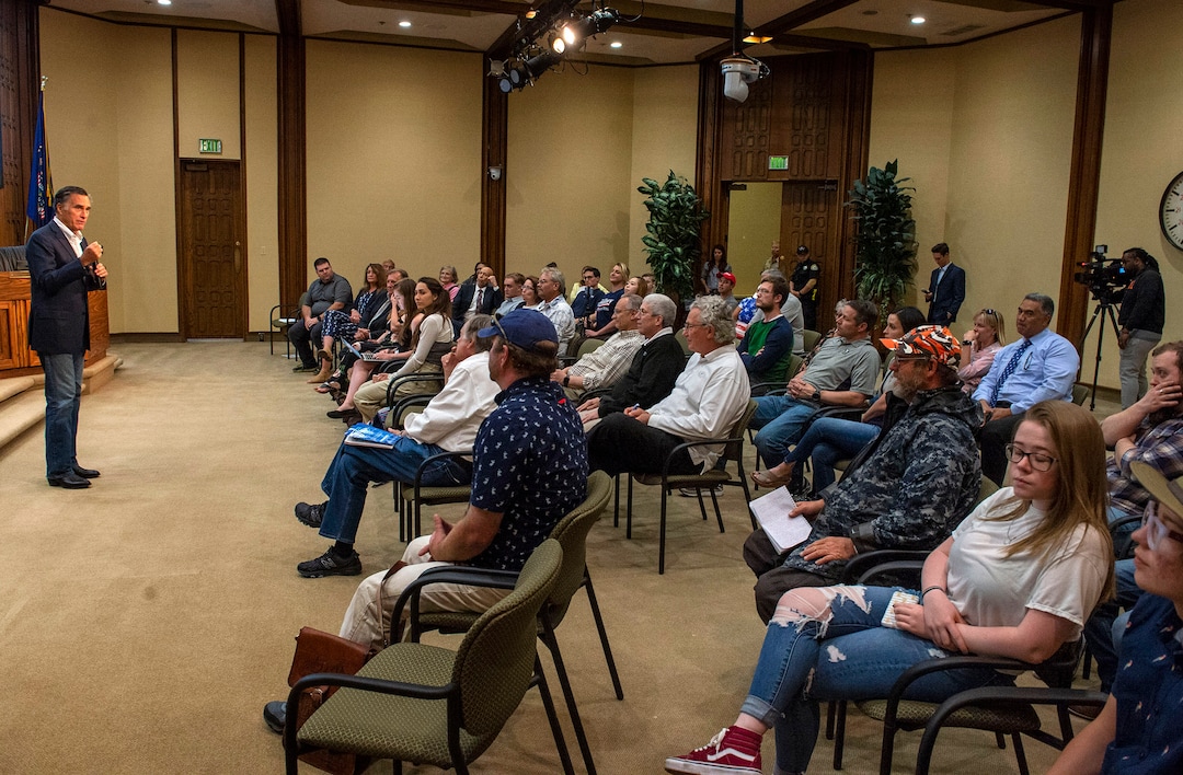 (Rick Egan  |  The Salt Lake Tribune)       Mitt Romney speaks during a town hall meeting at the Provo City Hall Council Chambers, Friday, June 21, 2019.