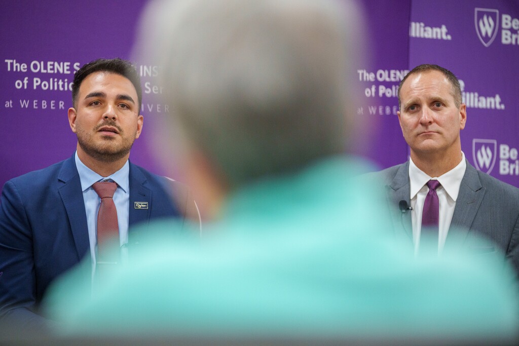 (Trent Nelson  |  The Salt Lake Tribune) Taylor Knuth and Ben Nadolski meet in the Ogden Mayoral Debate at Weber State on Thursday, Oct. 19, 2023.