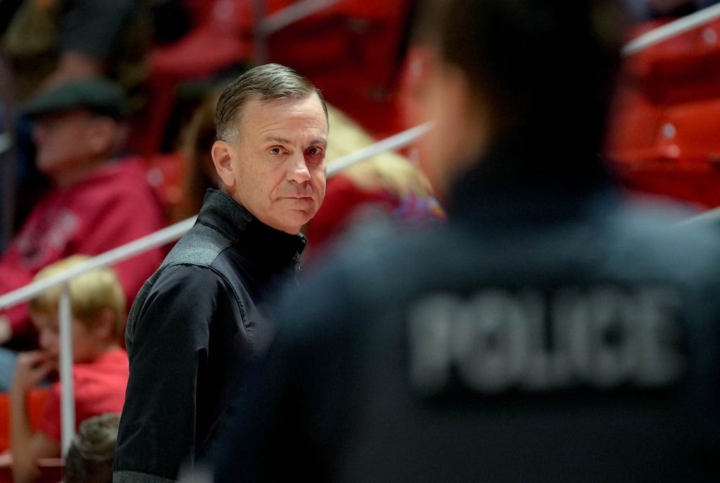 (Francisco Kjolseth  | The Salt Lake Tribune) Utah athletic director Mark Harlan attends a Utah men’s basketball game at the Huntsman Center on Tuesday, Nov. 12, 2024.