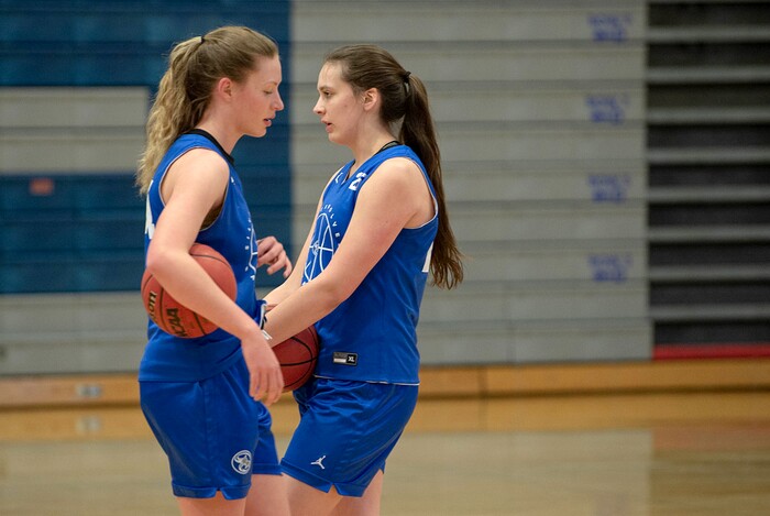 (Francisco Kjolseth  | The Salt Lake Tribune) Fremont girls basketball players Maggie Mendelson, left, and Emma Calvert, listen to instruction during a recent practice. The team is a top 15 program in the country, per MaxPreps, and is led by 3 highly recruited girls including Mendelson and Calvert.