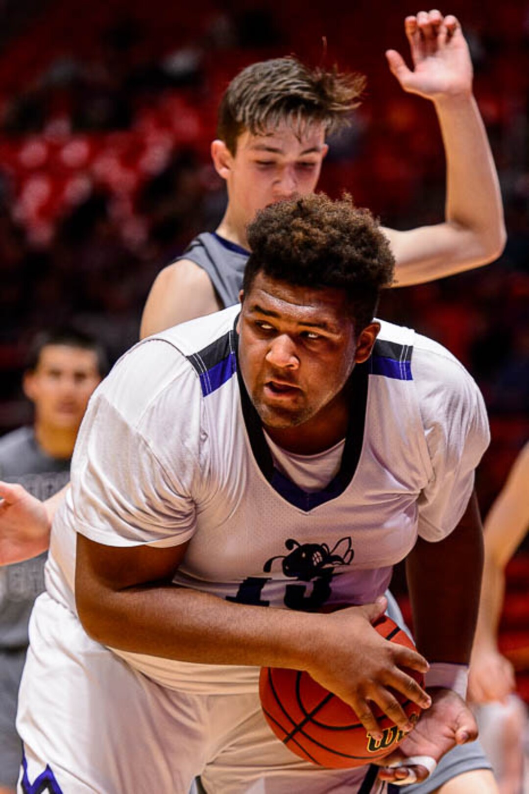 (Trent Nelson | The Salt Lake Tribune)  Box Elder vs. Corner Canyon, 5A State high school basketball tournament at the Huntsman Center in Salt Lake City, Wednesday Feb. 28, 2018. Box Elder's Tyson Madson (15) pulls in a rebound.