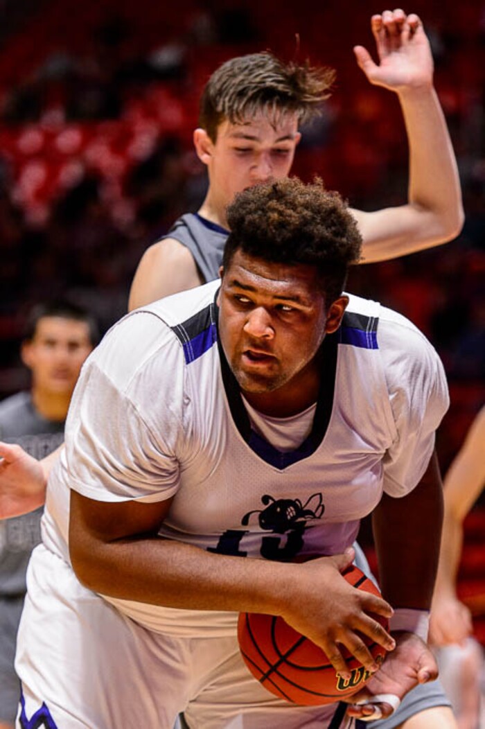 (Trent Nelson | The Salt Lake Tribune)  Box Elder vs. Corner Canyon, 5A State high school basketball tournament at the Huntsman Center in Salt Lake City, Wednesday Feb. 28, 2018. Box Elder's Tyson Madson (15) pulls in a rebound.