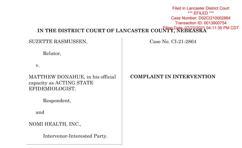 A PDF of the first page of a lawsuit filed against Nebraska and Nomi Health.