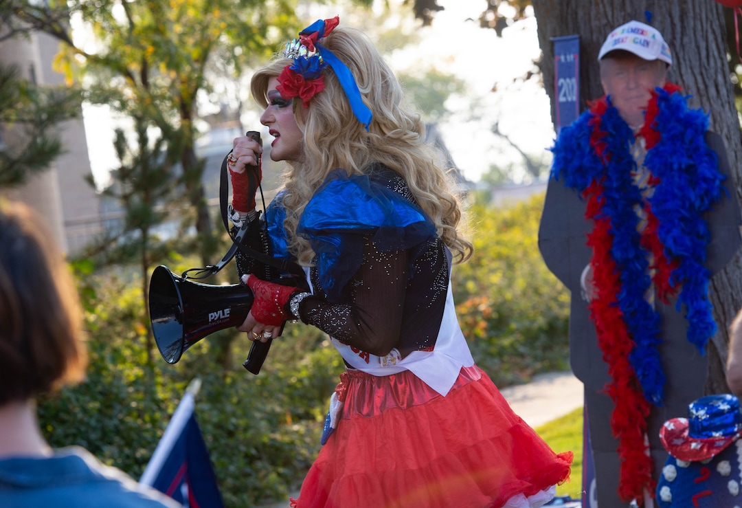 (Francisco Kjolseth  |  The Salt Lake Tribune) Lady MAGA joins supporters of President Donald Trump outside of Kingsbury Hall on the University of Utah campus in Salt Lake City on Wednesday, Oct. 7, 2020, before the vice presidential debate.