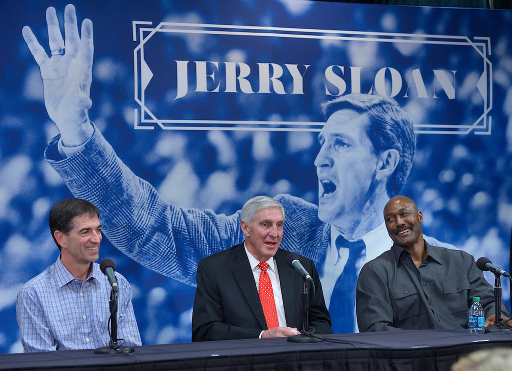 (Scott Sommerdorf  | Tribune file photo) John Stockton, left, and Karl Malone, right, laugh during a Friday, Jan. 31, 2014 press conference to honor former Jazz coach Jerry Sloan as Sloan relates a story about their time together with the Jazz.