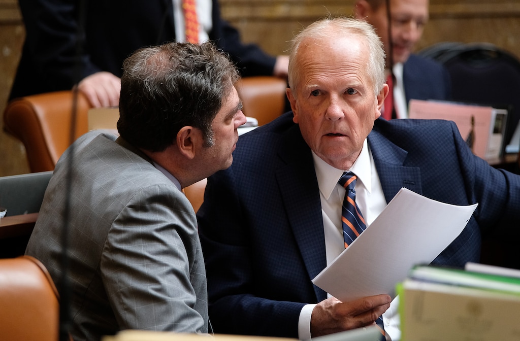 (Francisco Kjolseth | The Salt Lake Tribune) Representatives Brian King , D-Salt Lake, left, speaks with Mike Noel, R-Kanab, during the legislative session at the Utah Capitol on Wednesday, Jan. 31, 2018.