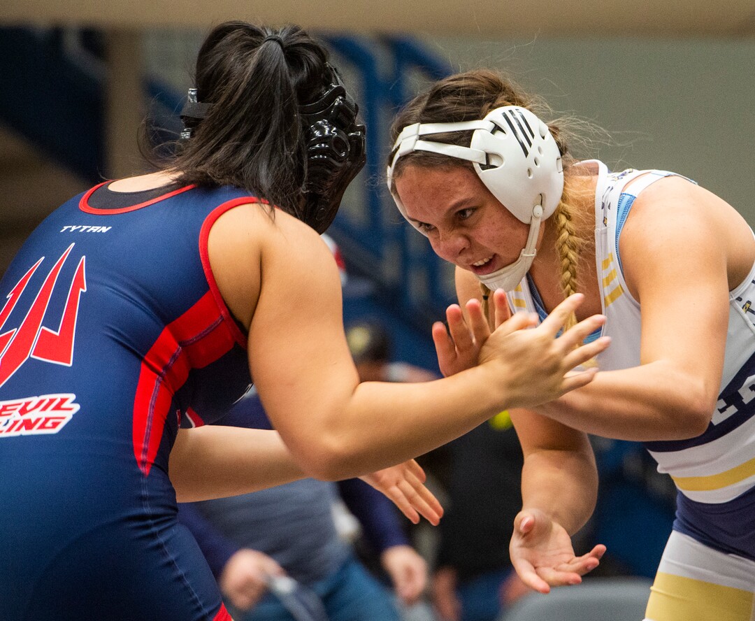 (Rick Egan | The Salt Lake Tribune)  Lizzie Shunn (Westlake) wrestles Hotaia Valeti (Springville) in the girls 140 division, at the High School All Star wrestling event in Orem, on Tuesday, Jan. 12, 2021.