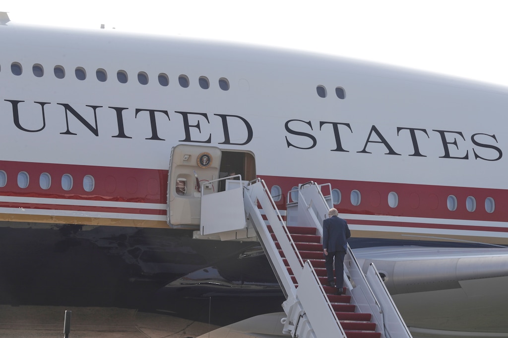 President Donald Trump walks up the stairs of the newly designated Air Force One, a formerly Qatari-owned jumbo jet that has been converted into the official U.S. presidential aircraft, at Joint Base Andrews, Md., Wednesday, July 1, 2026. (AP Photo/Luis M. Alvarez)(AP Photo/Luis M. Alvarez