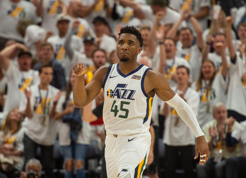 (Rick Egan  |  The Salt Lake Tribune)     The crowd reacts as Utah Jazz guard Donovan Mitchell (45) hits a shot putting the Jazz up by 6 in the 4th quarter, in NBA Playoffs between the Utah Jazz and the Houston Rockets in Salt Lake City, Monday, April 22, 2019.