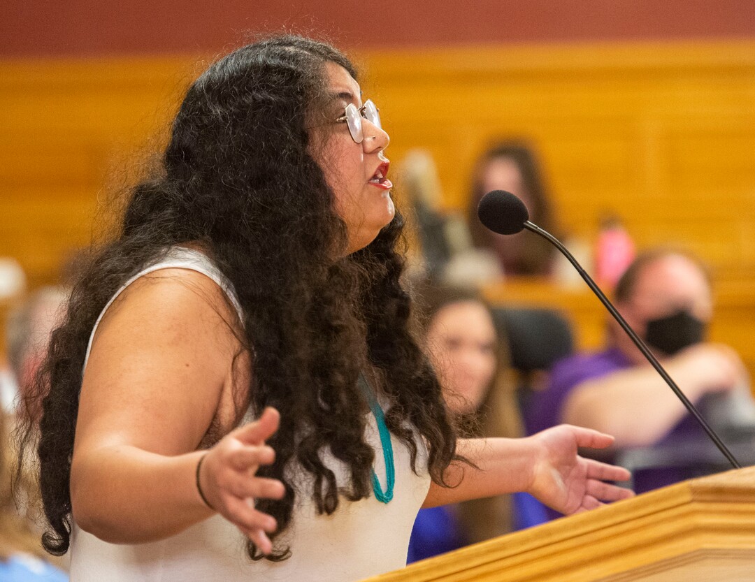 (Rick Egan  |  The Salt Lake Tribune)       Mariella Mendoza speaks about the housing problem in Salt Lake at the City council meeting, Tuesday, April 23, 2019.