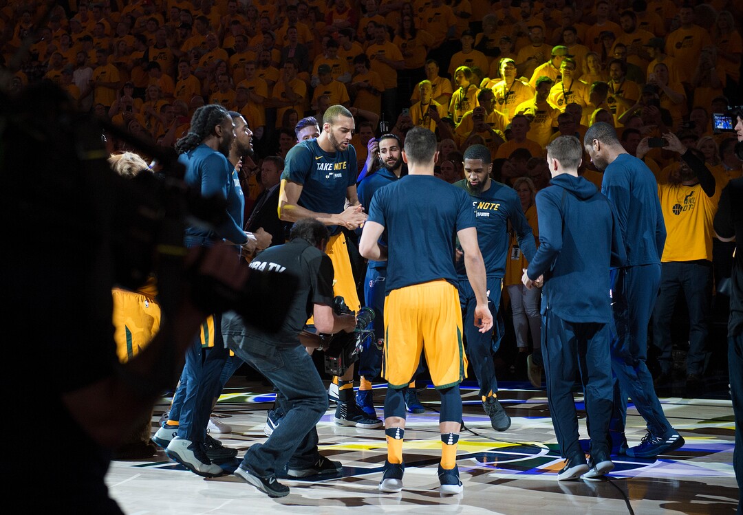 (Scott Sommerdorf | The Salt Lake Tribune)Jazz players dance after pre game introductions. The Thunder led the Jazz 22-18 at the end of the 1st quarter during Game 6 of the first round playoff game, Friday, April 27, 2018.