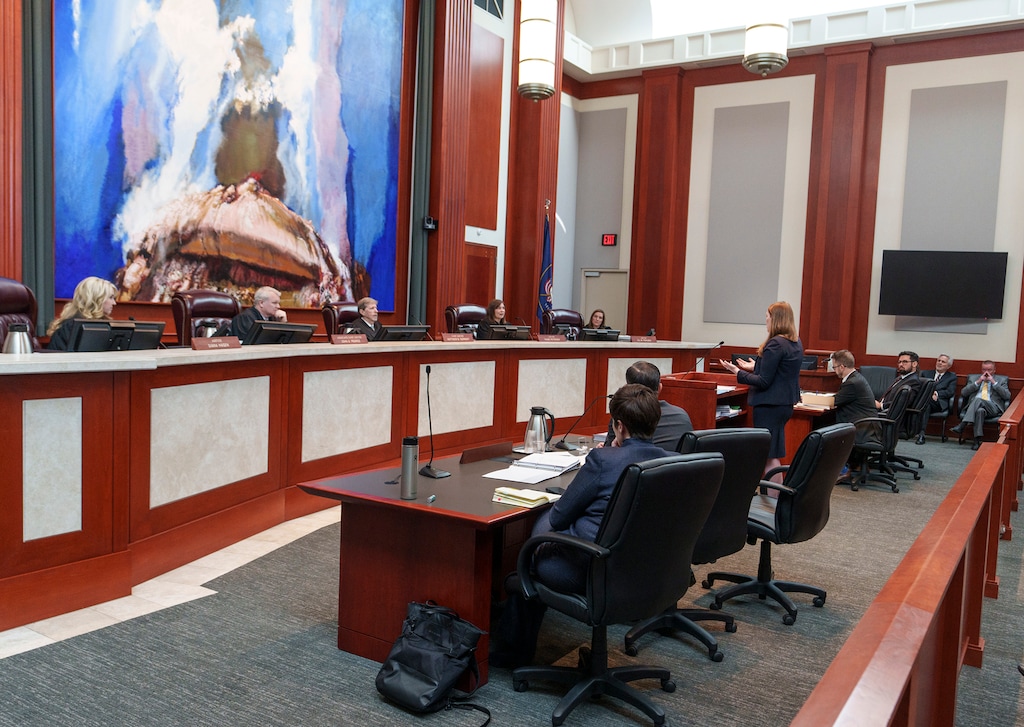 (Leah Hogsten | The Salt Lake Tribune) Attorney Taylor Meehan presents an argument for the state for a case challenging the state’s congressional districts before the Utah Supreme Court in Salt Lake City, Tuesday, July 11, 2023.