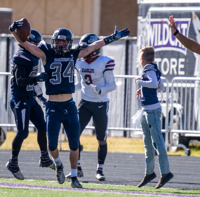 (Rick Egan | The Salt Lake Tribune) The Duchesne Eagles Ethan Park (34) celebrates his interception, and runback to the 5-yard line, in 1A Football Championship action between the Duchesne Eagles and the Layton Christian Academy Eagles, at the Elizabeth Dee Shaw Stewart Stadium in Ogden, on Saturday, Nov. 13, 2021.