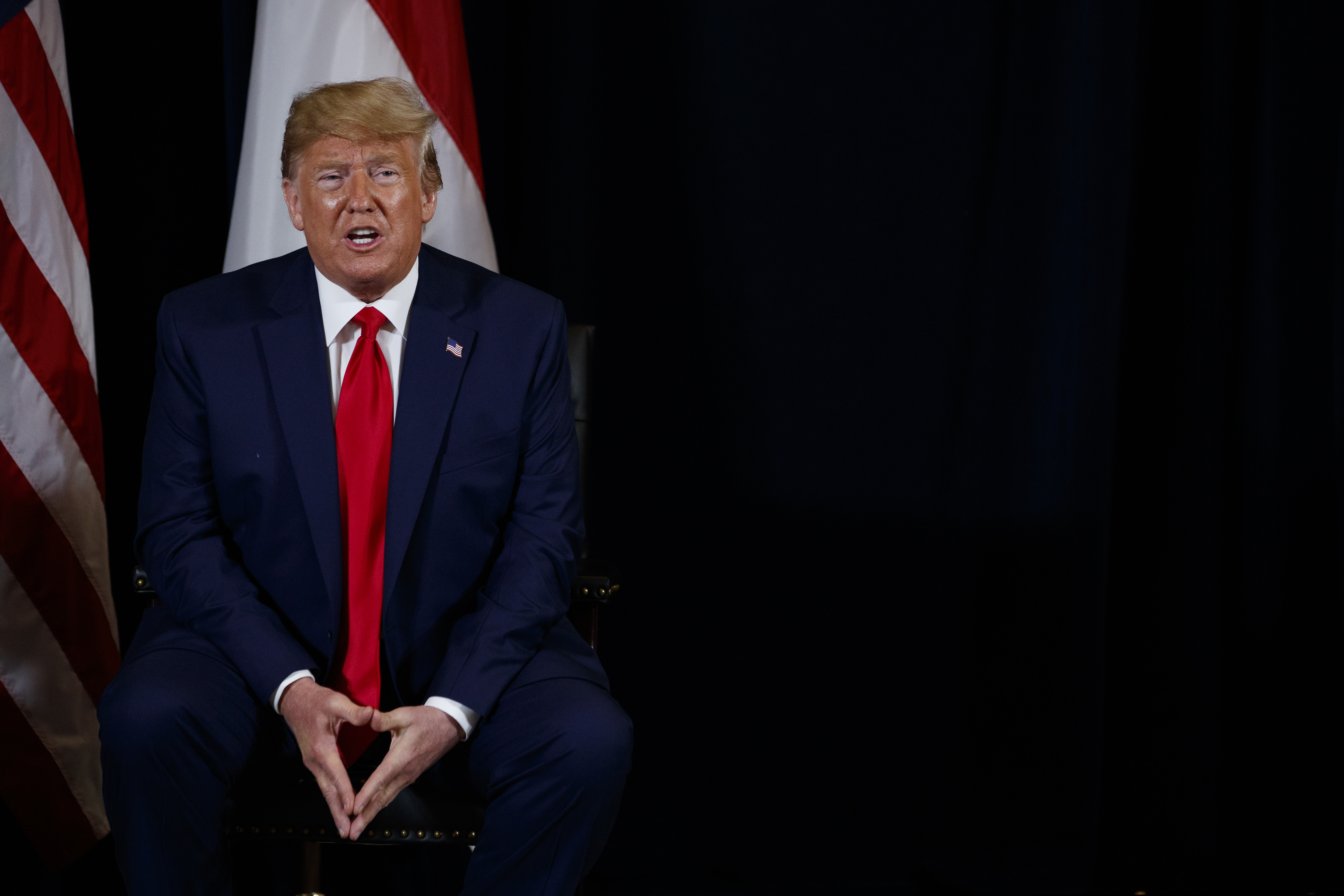 President Donald Trump speaks during a meeting with Singapore Prime Minister Lee Hsien Loong at the InterContinental Barclay hotel during the United Nations General Assembly, Monday, Sept. 23, 2019, in New York. (AP Photo/Evan Vucci)