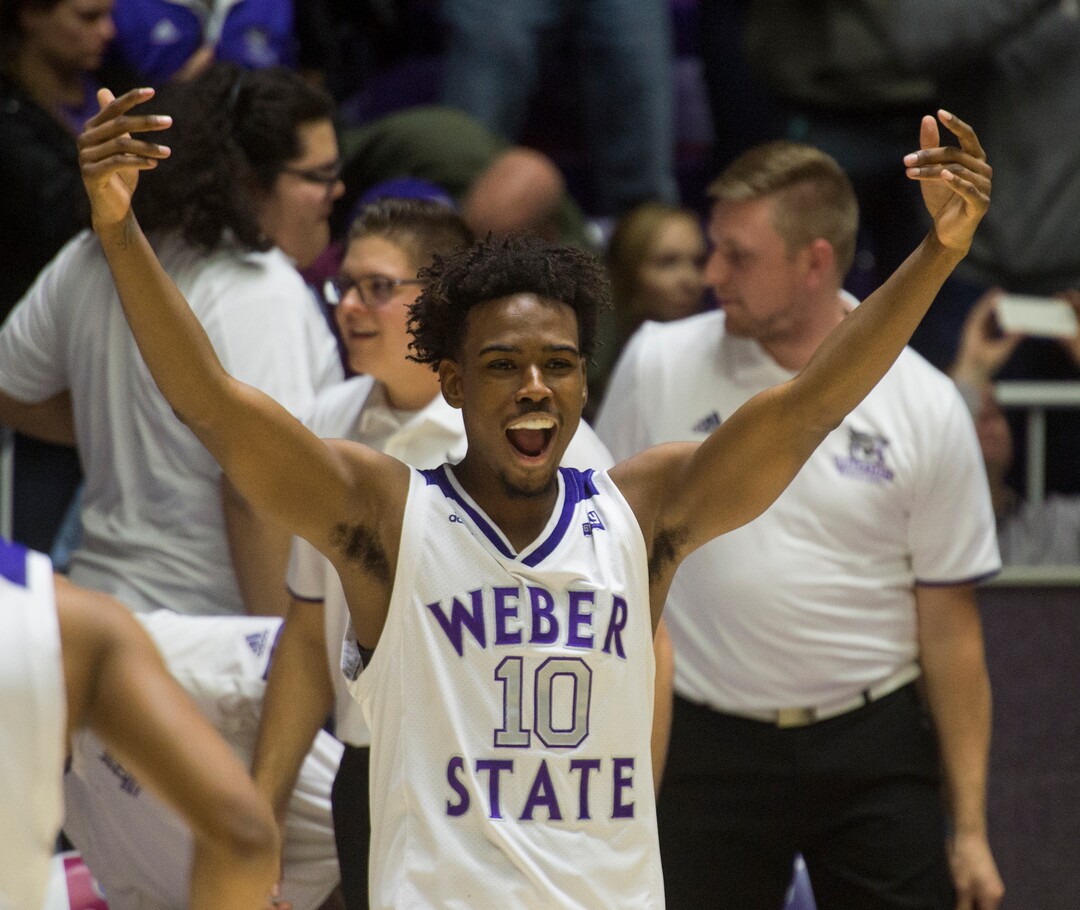 (Rick Egan  |  The Salt Lake Tribune)       Weber State guard Jerrick Harding (10) celebrates the Wildcat's win over BYU, in basketball action between Brigham Young Cougars and Weber State Wildcats, at the Dee Event Center in Ogden, Saturday, Dec. 1, 2018.
