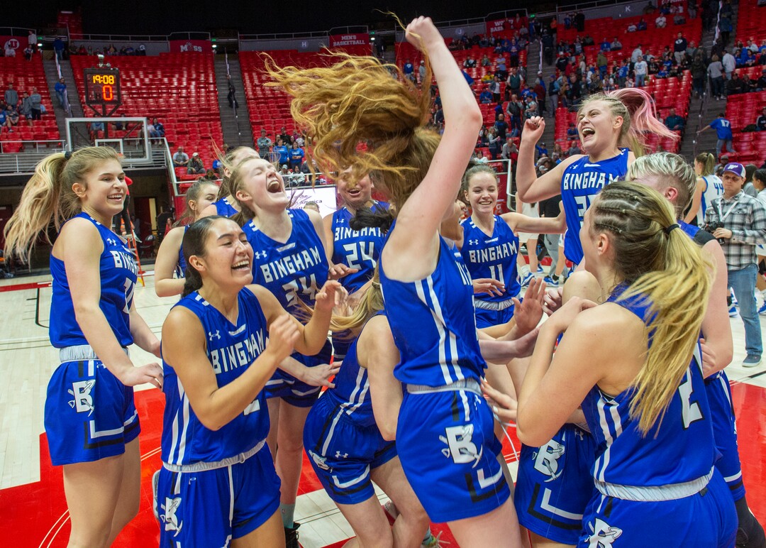 (Rick Egan  |  The Salt Lake Tribune)   The Bingham Miners celebrate their 59-51 win over the Fremont Silverwolves, in the 6A championship game, at the Jon M. Huntsman Center, Saturday Feb. 29, 2020