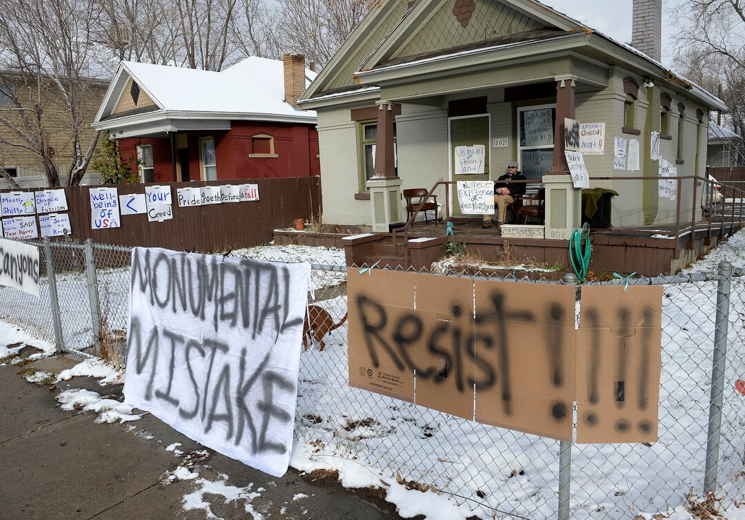 (Al Hartmann  |  The Salt Lake Tribune) 	House near LDS Welfare Square at 800 S. 800 W. prepares for President Trump's motorcade with protest signs Monday Dec. 4.  Trump is to visit Welfare Square with leaders of LDS Church before heading to the Utah Capitol where he is expected to shrink Bear's Ears and Grandstaircase National Monuments. 