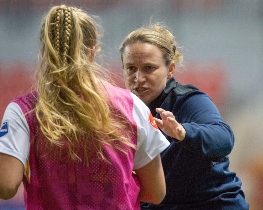 (Rick Egan  |  The Salt Lake Tribune)   Utah Royals FC midfielder Makenzy Doniak (13) talks to Royals head coach Laura Harvey, before going into the game, in soccer action between Utah Royals FC and Seattle Reign FC in Sandy, Friday, June 28, 2019.