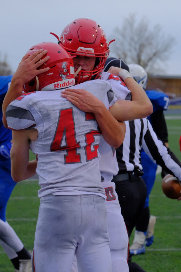(Leah Hogsten  |  The Salt Lake Tribune) Delta's Dallin Draper celebrates his touchdown. Beaver High School boys' football team leads Delta High School 35-16 during their class 2A state semifinal football game Saturday, November 4, 2017 at Weber State University's Stewart Stadium.