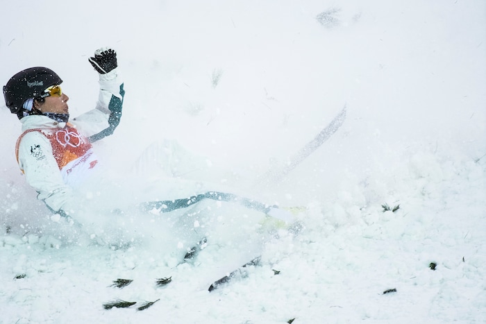 (Chris Detrick  |  The Salt Lake Tribune)  Australia's Lydia Lassila crashes while competing in the Ladies' Aerials Qualification at Phoenix Park during the Pyeongchang 2018 Winter Olympics Thursday, Feb. 15, 2018.  