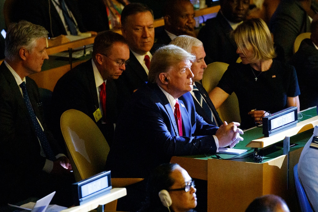 (Evan Vucci | AP) President Donald Trump listens during the the United Nations Climate Action Summit during the General Assembly, Monday, Sept. 23, 2019, in New York. From left, National Security Adviser Robert C. O'Brien, White House chief of staff Mick Mulvaney, Secretary of State Mike Pompeo, Trump, Vice President Mike Pence, and U.S. Ambassador to the United Nations Kelly Craft.