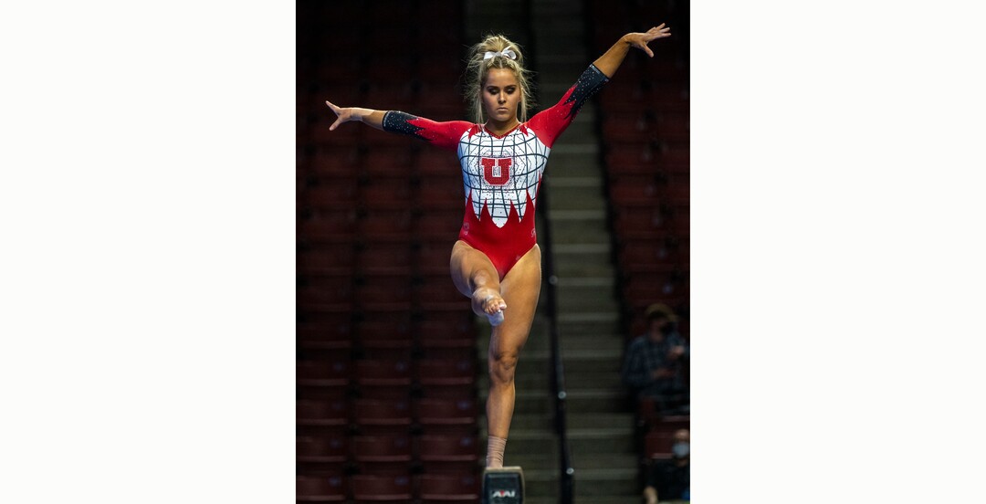 (Rick Egan | The Salt Lake Tribune) Adrienne Randall competes on the bean for Utah in the PAC-12 Gymnastics Championship tournament at the Maverik Center, on Saturday, March 20, 2021.
