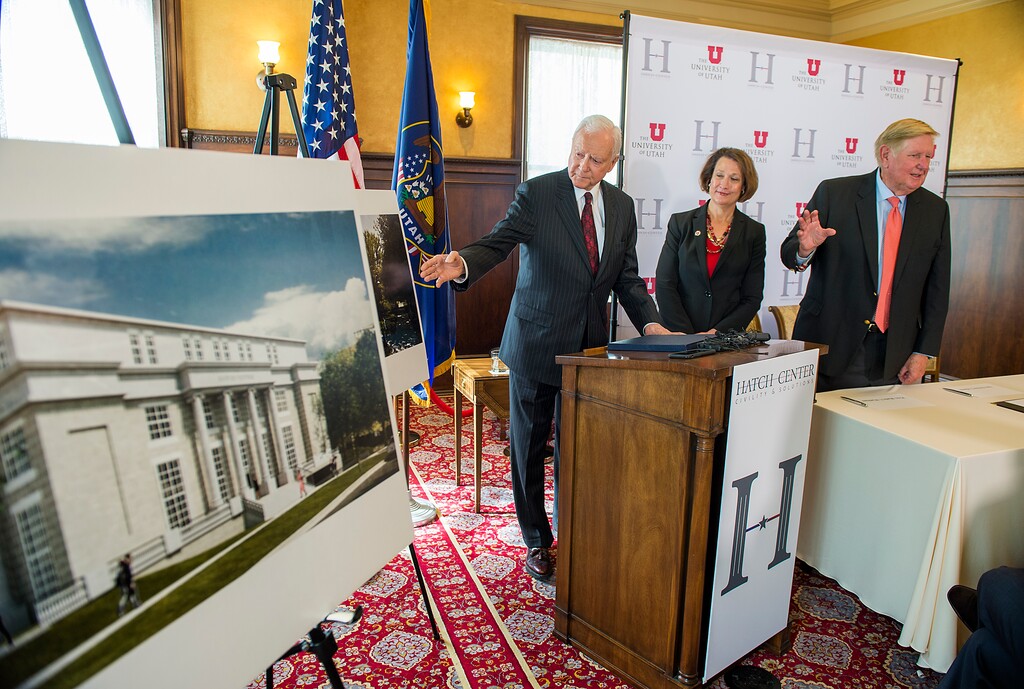 (Leah Hogsten  |  Tribune file photo) l-r, Then-Sen. Orrin G. Hatch, University of Utah president Ruth V. Watkins and Kem Gardner with The Kem C. Gardner Policy Institute during announcement and unveiling of the Orrin G. Hatch Center, May 2, 2018. The Hatch Foundation and the U. plan to erect a new facility to house the former senator's archives from his 42 years in the Senate as well as to offer forums to help train future leaders and discussions of policy. The new facility will be located across the street from the Thomas S. Monson Center at 411 E. South Temple and will honor the legacy of Utah's long-serving senator.
