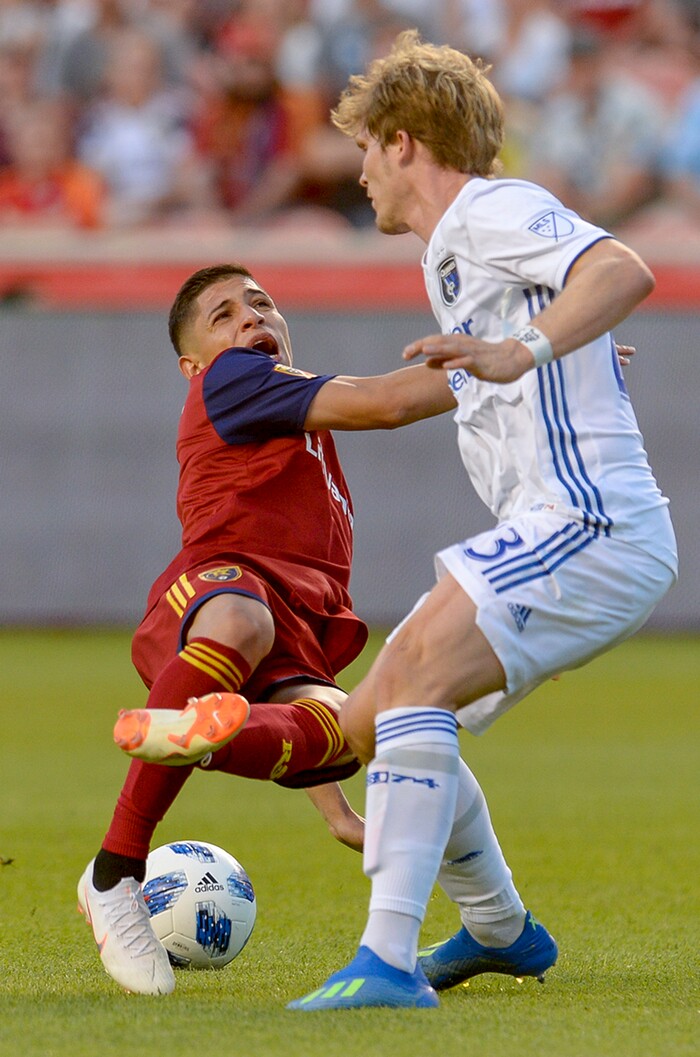 Leah Hogsten | The Salt Lake Tribune Real Salt Lake forward Jefferson Savarino (7) gets a free kick after San Jose Earthquakes midfielder Florian Jungwirth (23) kicks his leg from under him as Real Salt Lake hosts the San Jose Earthquakes at Rio Tinto Stadium in Sandy, Utah, Saturday, June 23, 2018.