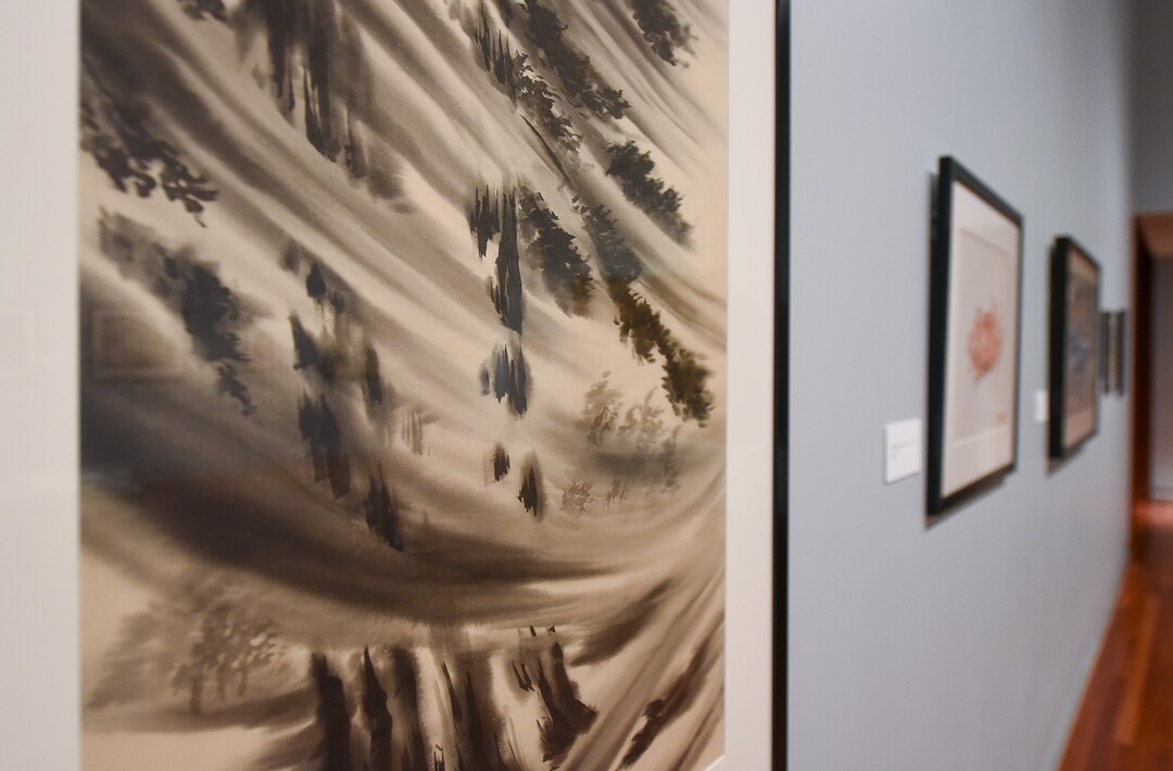 (Francisco Kjolseth  |  The Salt Lake Tribune)   The Utah Museum of Fine Art hosts "Chiura Obata: An American Modern," major touring retrospective of Japanese-American artist (1885-1975), whose work captured Western landscapes and his time at the Topaz War Relocation Center (internment camp) during World War II. Exhibit opens Friday, May 25. Pictured is Glorious Struggle, 1965, Sumi on silk. 