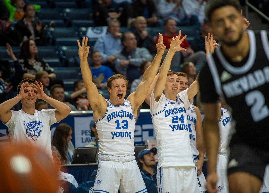 (Rick Egan  |  The Salt Lake Tribune)        The Brigham Young  bench reacts as the Cougars extend their lead after a 3-point shot late in the game, in basketball action between the Brigham Young Cougars and the Nevada Wolf Pack, at the Marriott Center, in Provo, Saturday, December 10, 2019.