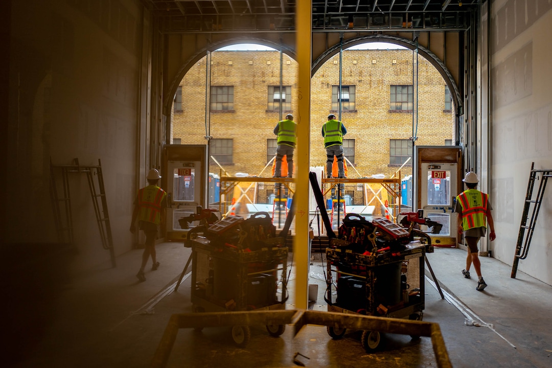 (Trent Nelson  |  The Salt Lake Tribune) 
Workers are reflected in marble walls in the Kearns Building in Salt Lake City on Wednesday, Nov. 20, 2019. Hines, the global real estate firm that owns the Kearns Building, has launched a $25 million renovation of the 108-year-old building at 136 South Main Street.