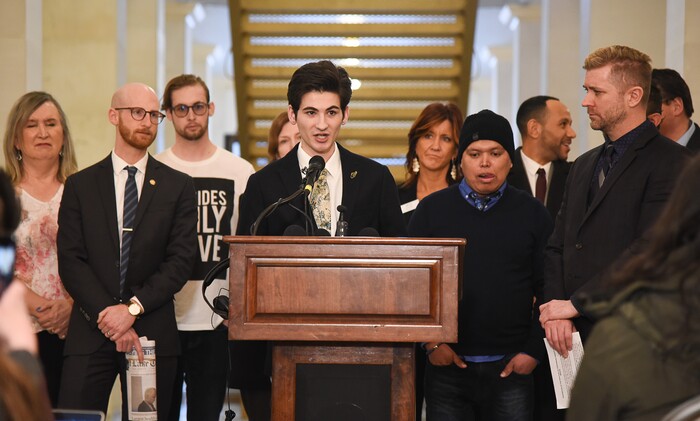 (Francisco Kjolseth  |  The Salt Lake Tribune)  Nathan Dalley, 19, a University of Utah student relays his experience with conversion therapy during a press event at the Utah Capitol on Thursday, Feb. 21, 2019, to announce legislation being introduced to ban conversion therapy.