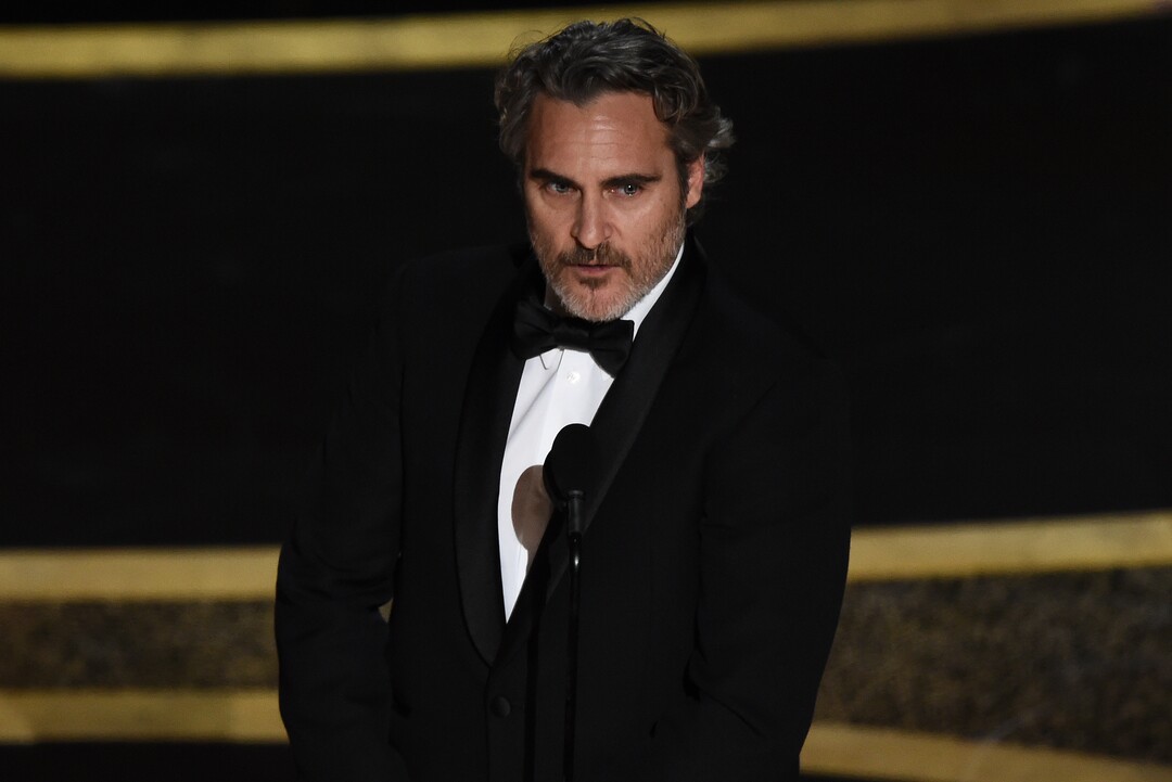(Chris Pizzello | AP)  Joaquin Phoenix accepts the award for best performance by an actor in a leading role for "Joker" at the Oscars on Sunday, Feb. 9, 2020, at the Dolby Theatre in Los Angeles.
