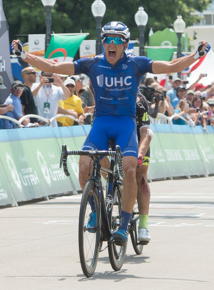 (Rick Egan  |  The Salt Lake Tribune)  Travis McCabe celebrates at the finish line,  as he finishes first in stage 5, in the Tour of Utah, in Bountiful,Friday, August 4, 2017.



