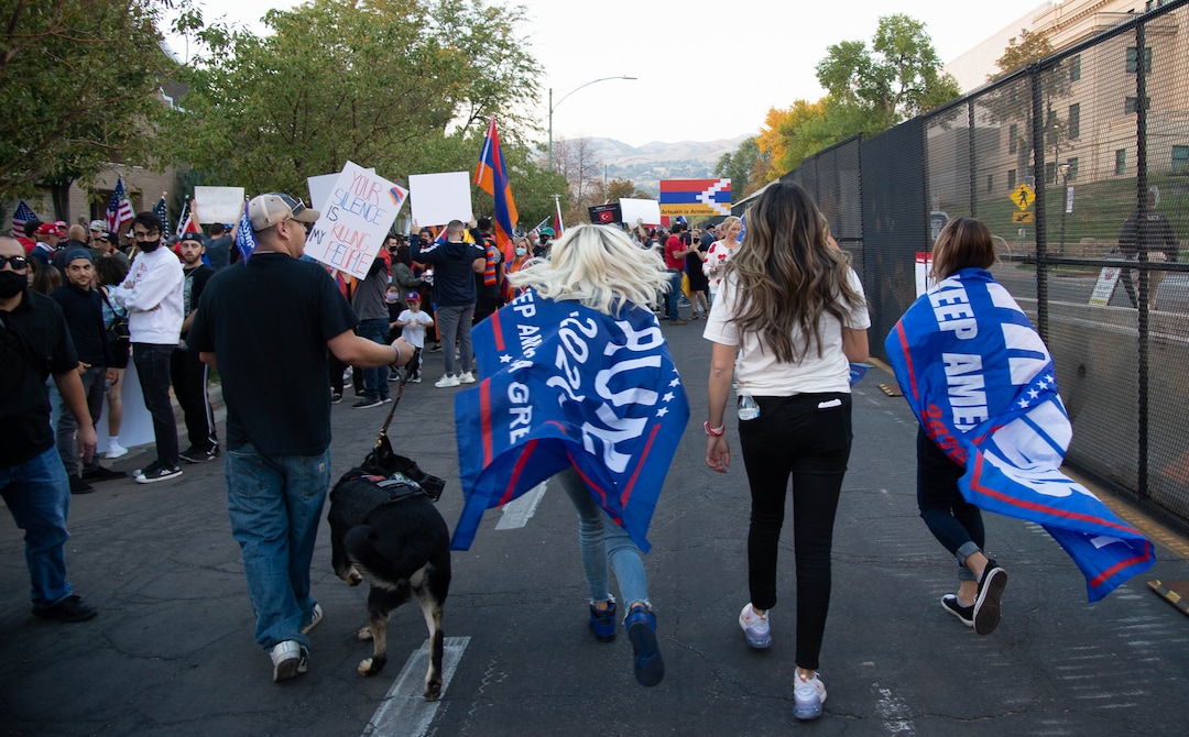 (Francisco Kjolseth  |  The Salt Lake Tribune) Supporters and counter protesters of President Donald Trump rally near Kingsbury Hall on the University of Utah campus in Salt Lake City on Wednesday, Oct. 7, 2020, during the vice presidential debate.