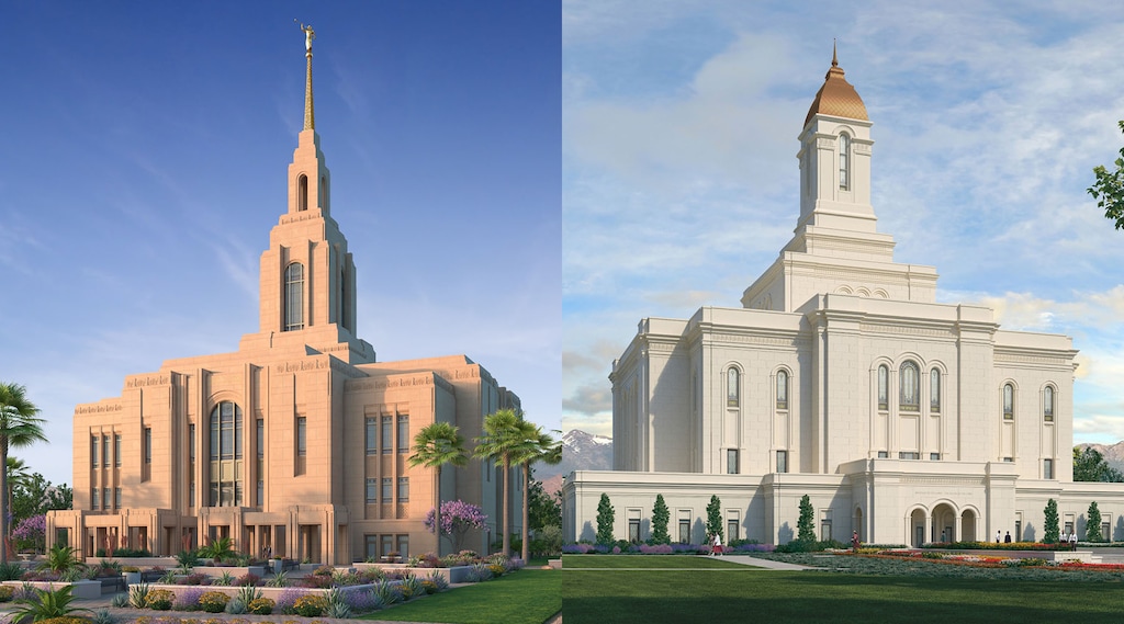(Images courtesy of The Church of Jesus Christ of Latter-day Saints) Renderings of the planned Red Cliffs Temple in St. George and the Tooele Valley Temple.