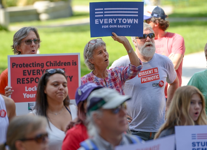(Leah Hogsten  |  The Salt Lake Tribune) Members of Moms Demand Action for Gun Sense in America gathered at Washington Square Park to demand change in gun laws in reaction to the August mass shootings in Dayton, Ohio and El Paso, Texas, and the hundreds of Americans who are wounded and killed by gun violence every day.