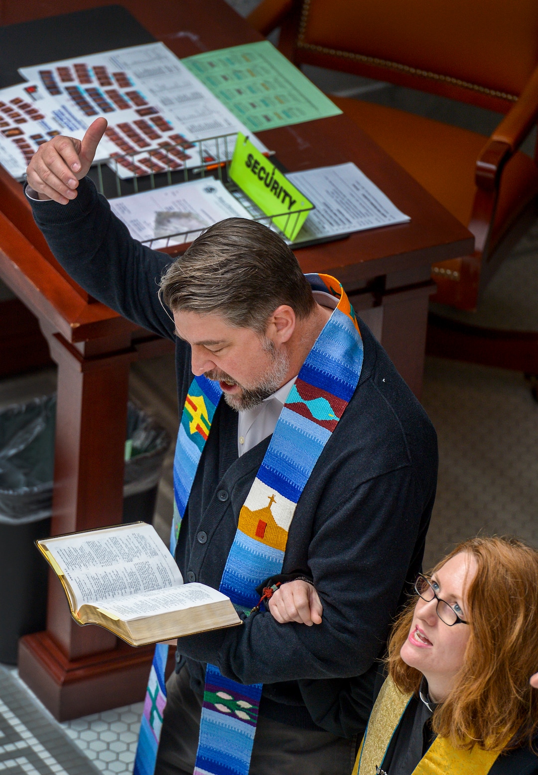 Leah Hogsten  |  The Salt Lake Tribune  Faith leaders l-r Rev. Curtis Price with The First Baptist Church of Salt Lake City and Rev. Monica Dobbins with the First Unitarian Church of Salt Lake City recite scripture and sing in  opposition to SB96 outside the Utah House chambers, Feb. 8, 2019. 