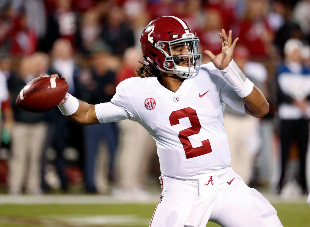 Alabama quarterback Jalen Hurts (2) drops back to pass against Mississippi State during the first half of an NCAA college football game in Starkville, Miss., Saturday, Nov. 11, 2017. (AP Photo/Rogelio V. Solis)