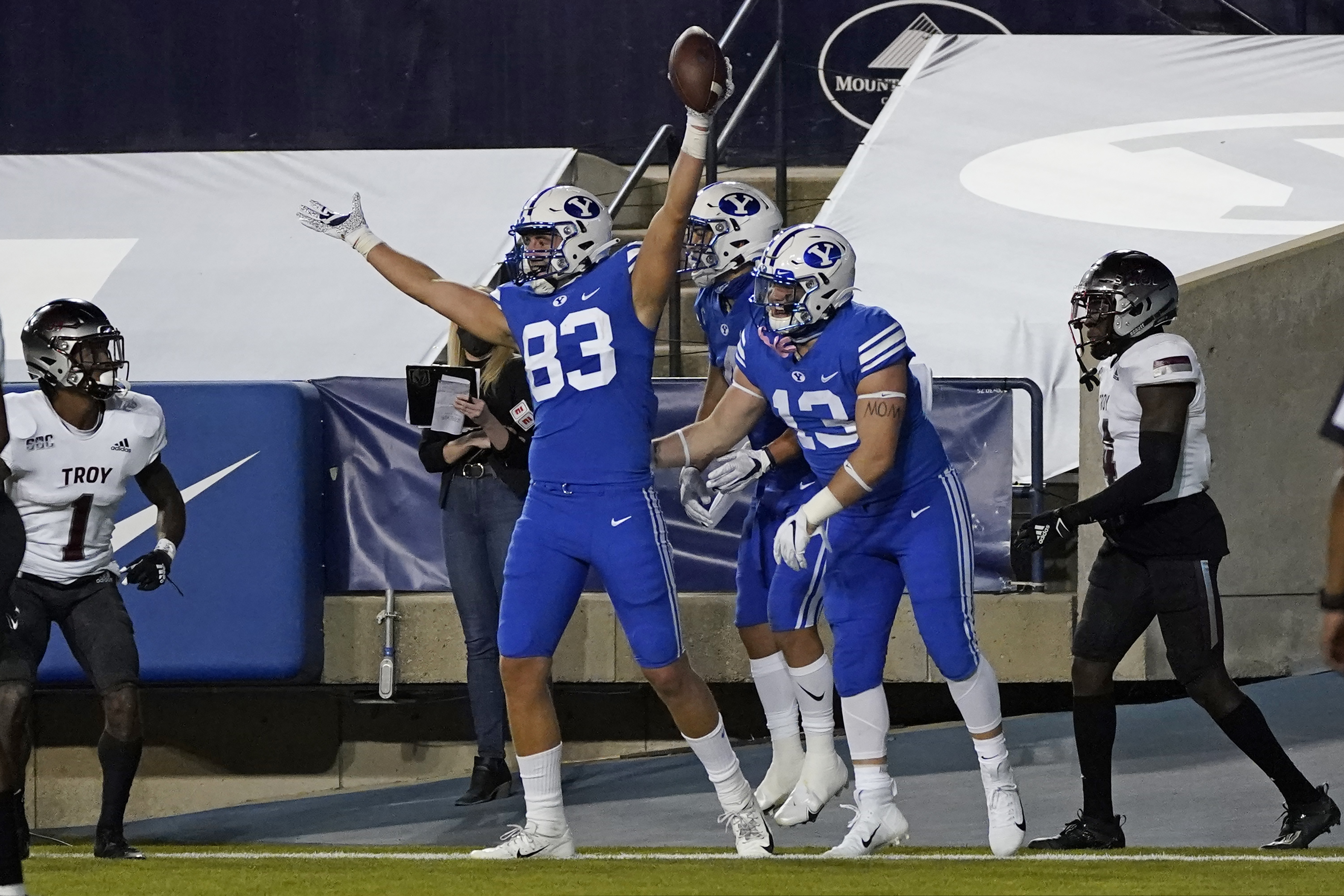 BYU tight end Isaac Rex (83) celebrates his touchdown against Troy during the first half of an NCAA college football game Saturday, Sept. 26, 2020, in Provo, Utah. (AP Photo/Rick Bowmer, Pool)