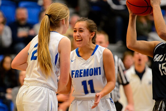 (Trent Nelson | The Salt Lake Tribune)  Fremont's Halle Duft (2) and Fremont's Karlie Valdez (11) as Hunter faces Fremont in the 6A High School Girls' Basketball Tournament at SLCC in Taylorsville, Tuesday Feb. 20, 2018.
